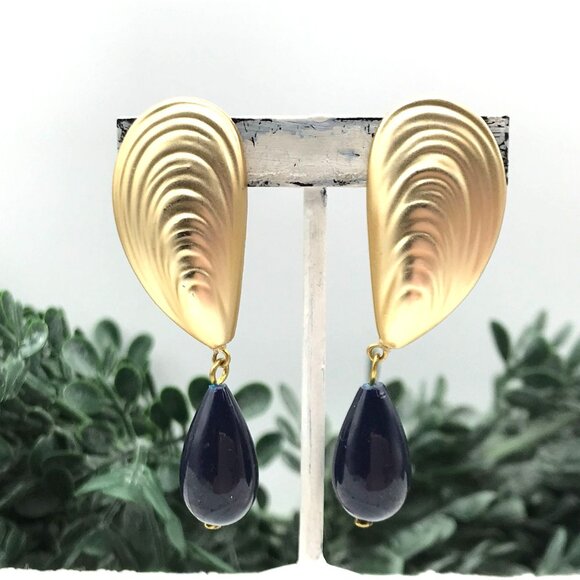 Vintage Gold & Navy Teardrop Clip-On Earrings - Picture 2 of 7